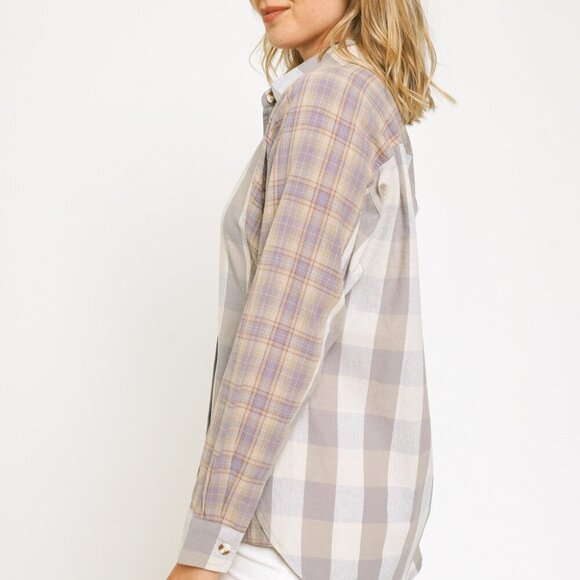 MYSTREE Plaid Button Down Shirt, Neutral Grey Beige Mix, Long Sleeve Oversized - Picture 4 of 6